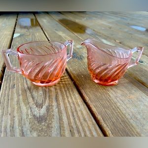 Pink depression glass cream and sugar